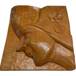 Hawaiian Hand Carved Wahine w/Flowers Wood Wall Hanging Plaque Board Polynesian